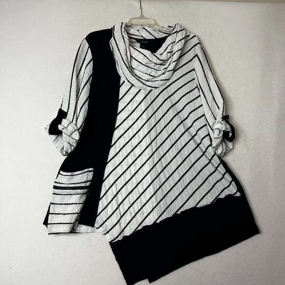 Ali Miles Tunic Top 1X Black White Lagenlook Striped‎ asymmetric cowl roll tab - Picture 1 of 9